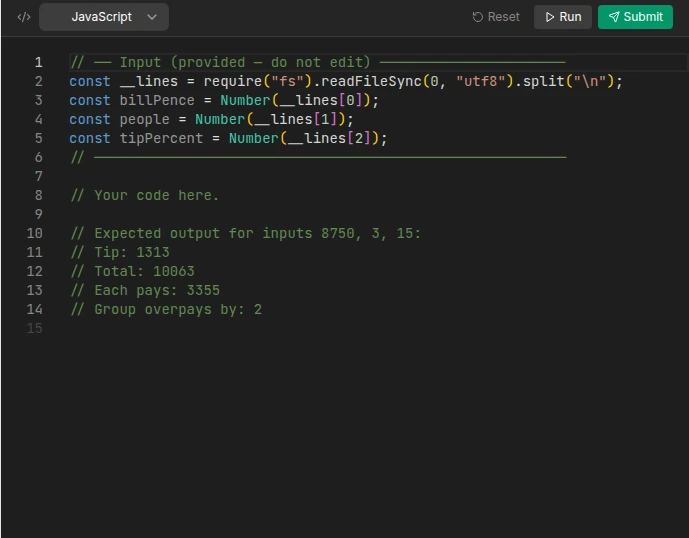 The in-browser Skillopia editor running a JavaScript challenge, with Run and Submit buttons and instant test feedback