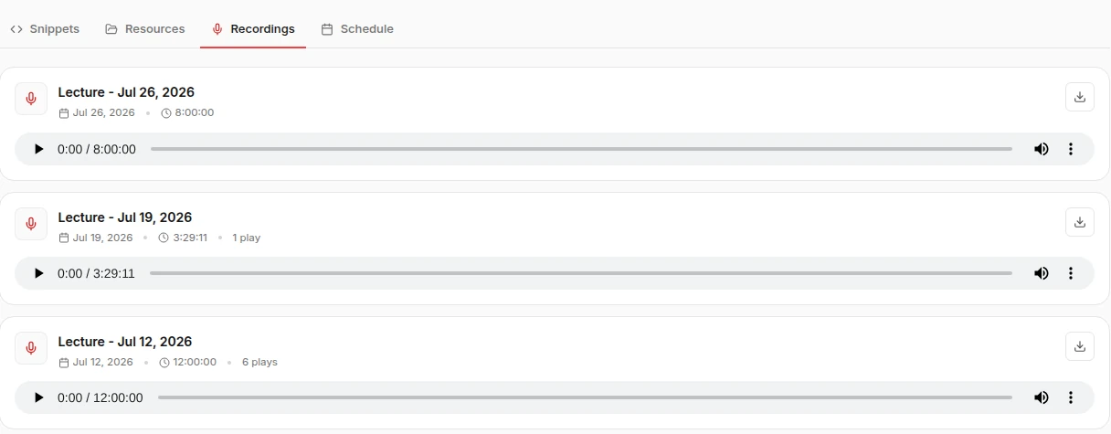 The Recordings tab of a Skillopia course hub: full-length lecture recordings with built-in players, next to Snippets, Resources and Schedule