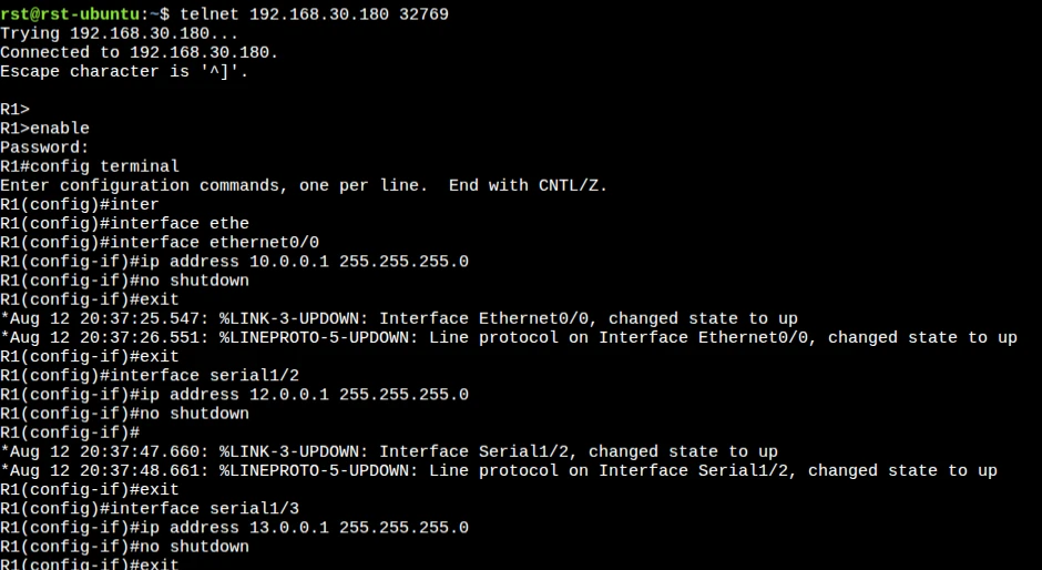A telnet session into a lab router: interfaces configured, IP addresses assigned, link-up log messages