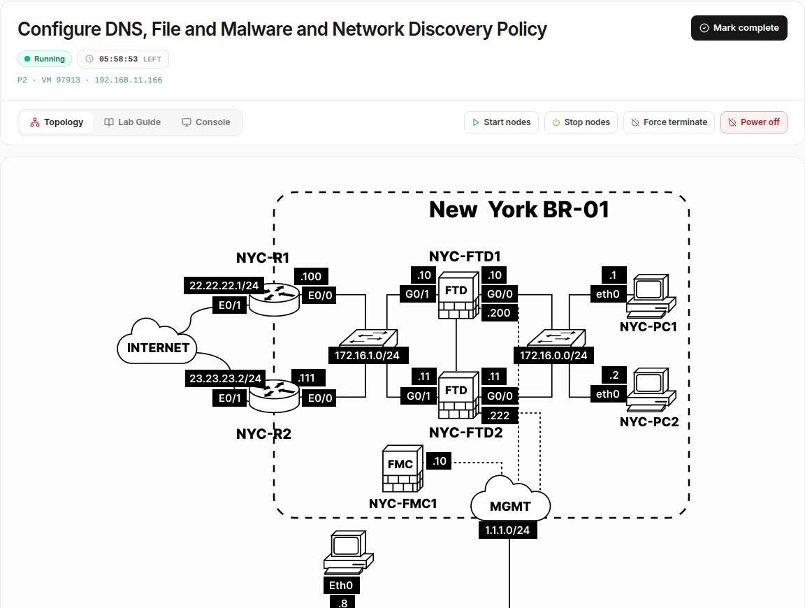 A running Skillopia lab: the CCNP Security topology for New York BR-01 with FTD firewalls, routers and PCs, node controls and a six-hour timer