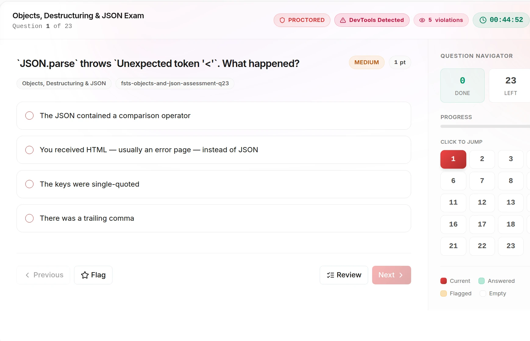 A proctored Skillopia exam in progress: PROCTORED badge, a live question and the question navigator